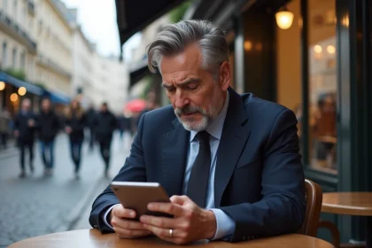 Homme d'affaires lisant des nouvelles sur une tablette à Paris