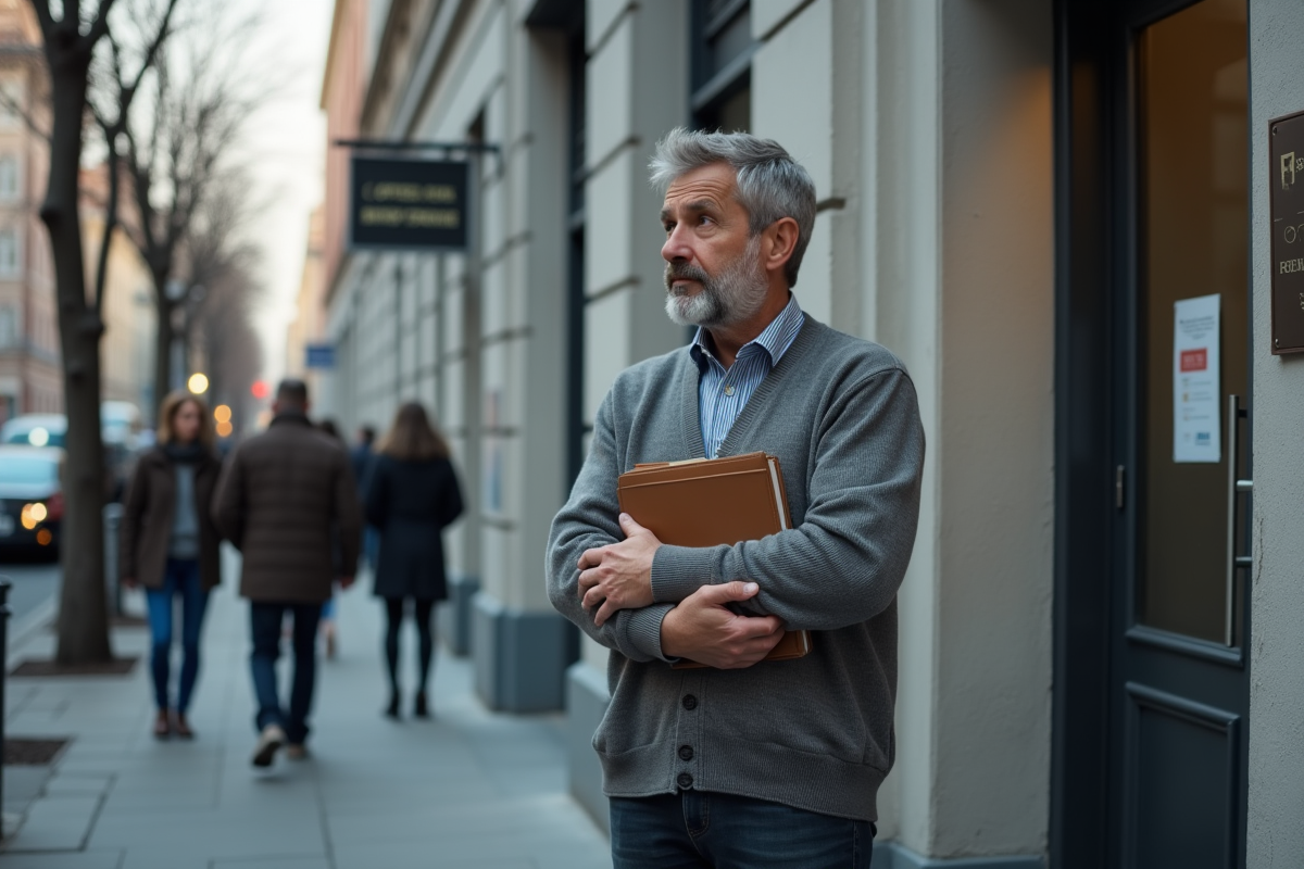 Homme anxieux devant un bureau social en ville