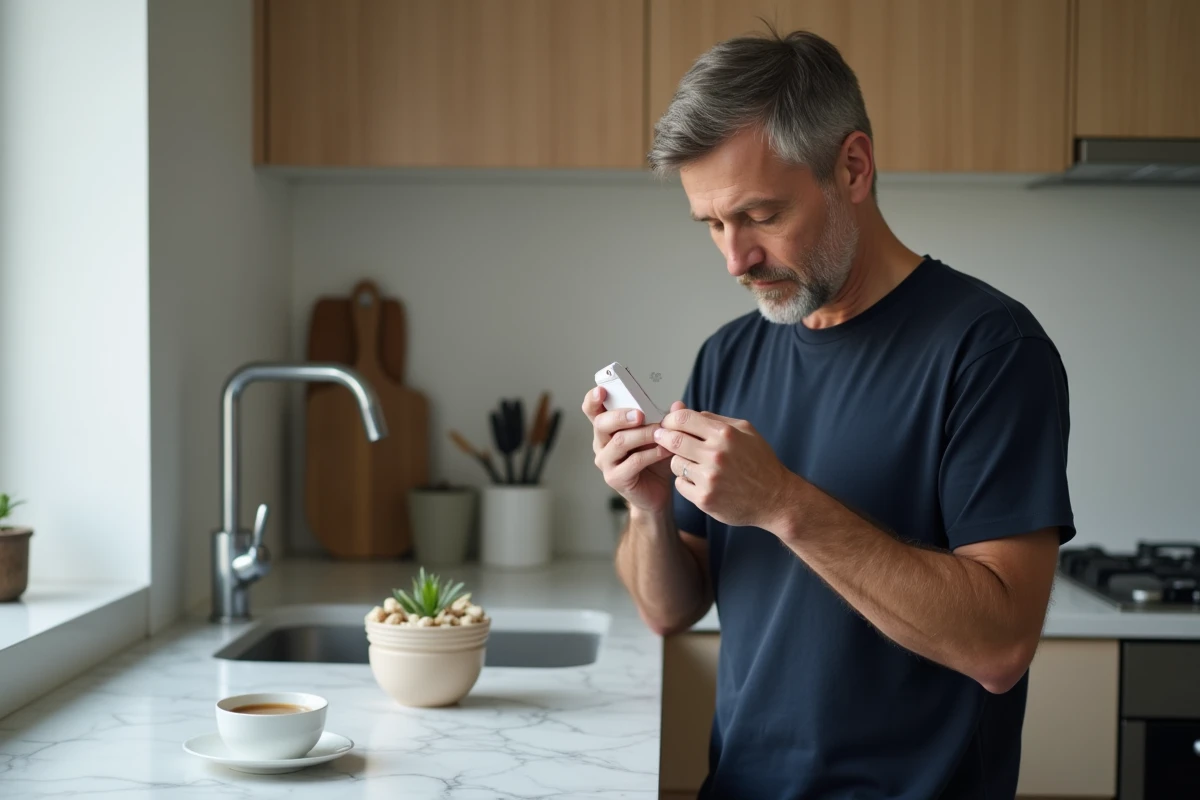 Homme vérifiant les instructions d'une boîte de médicaments dans sa cuisine le matin pour éviter une erreur de prise