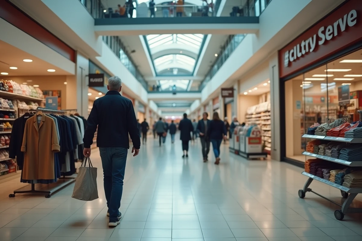 Homme dans un magasin de centre commercial parcourant les rayons