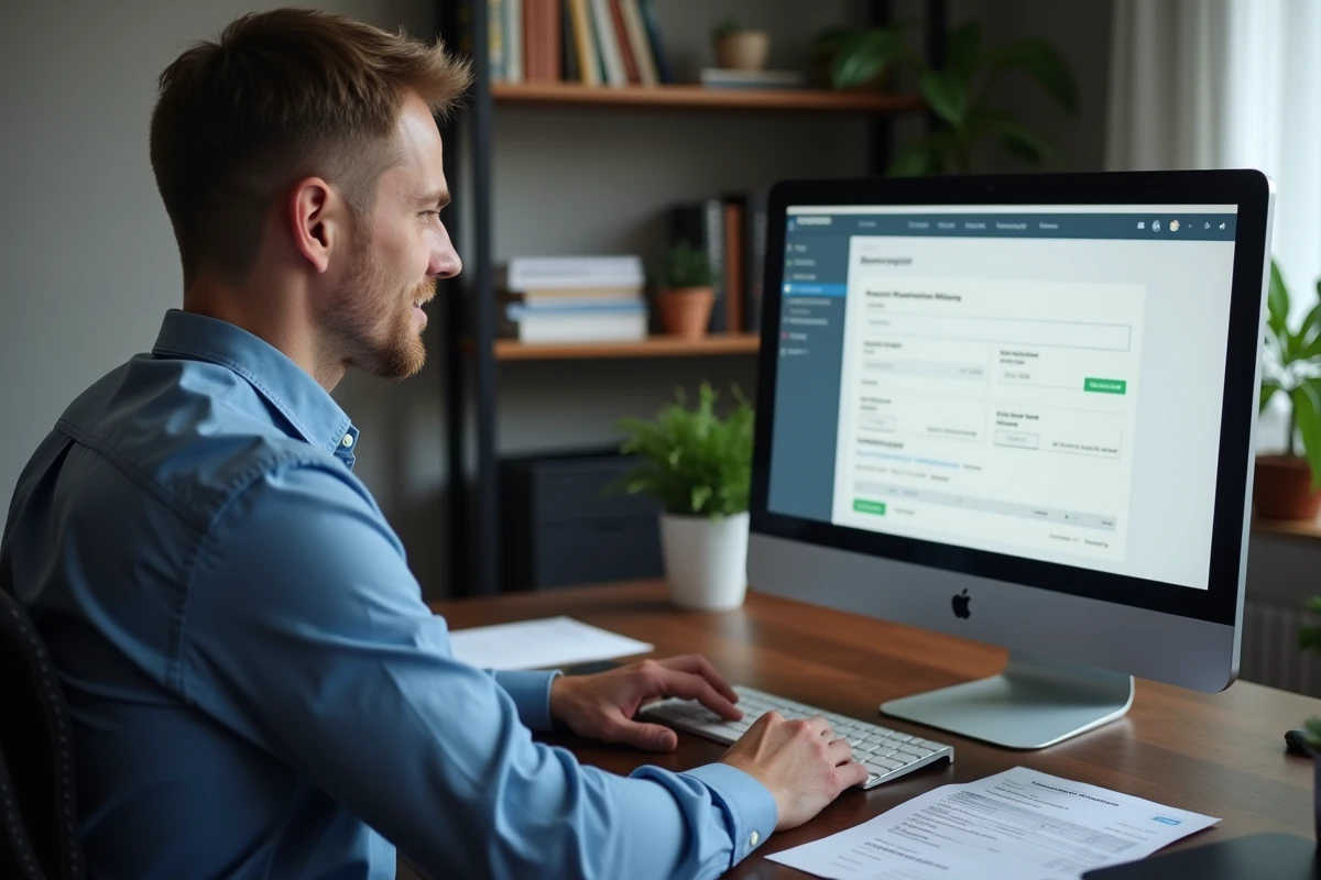 Homme au bureau gérant ses abonnements en ligne pour obtenir un remboursement Amazon Prime depuis un ordinateur de bureau