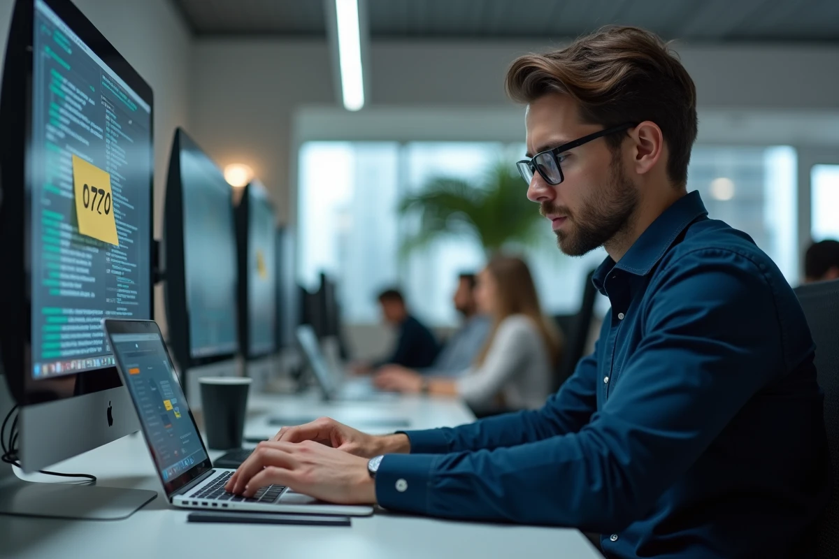 Homme au bureau consultant son ordinateur portable face à une menace d'usurpation de numéro téléphonique 0270
