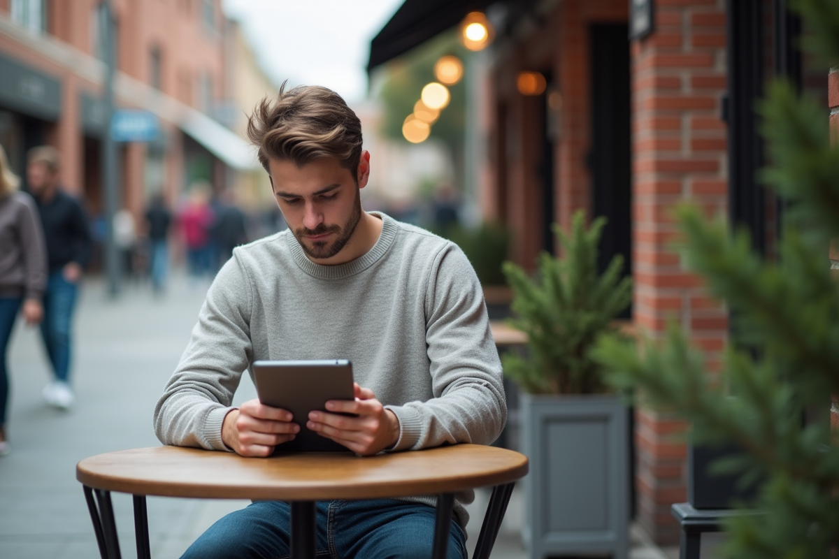 Jeune homme travaillant sur tablette en extérieur