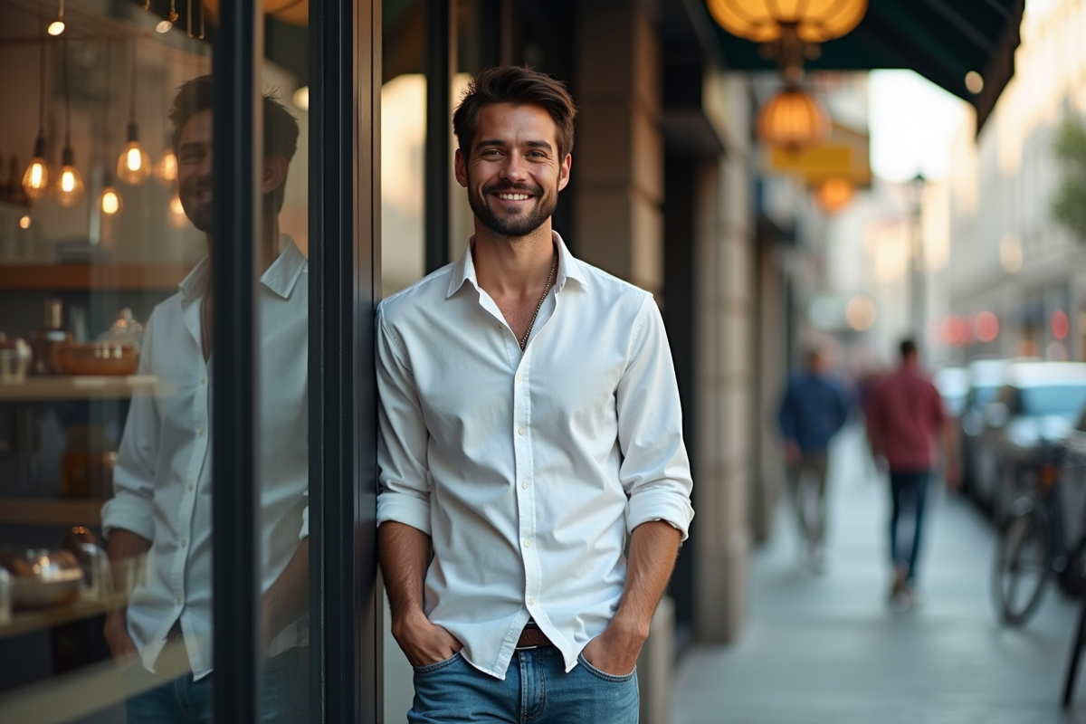 Homme souriant devant une vitrine de café en ville