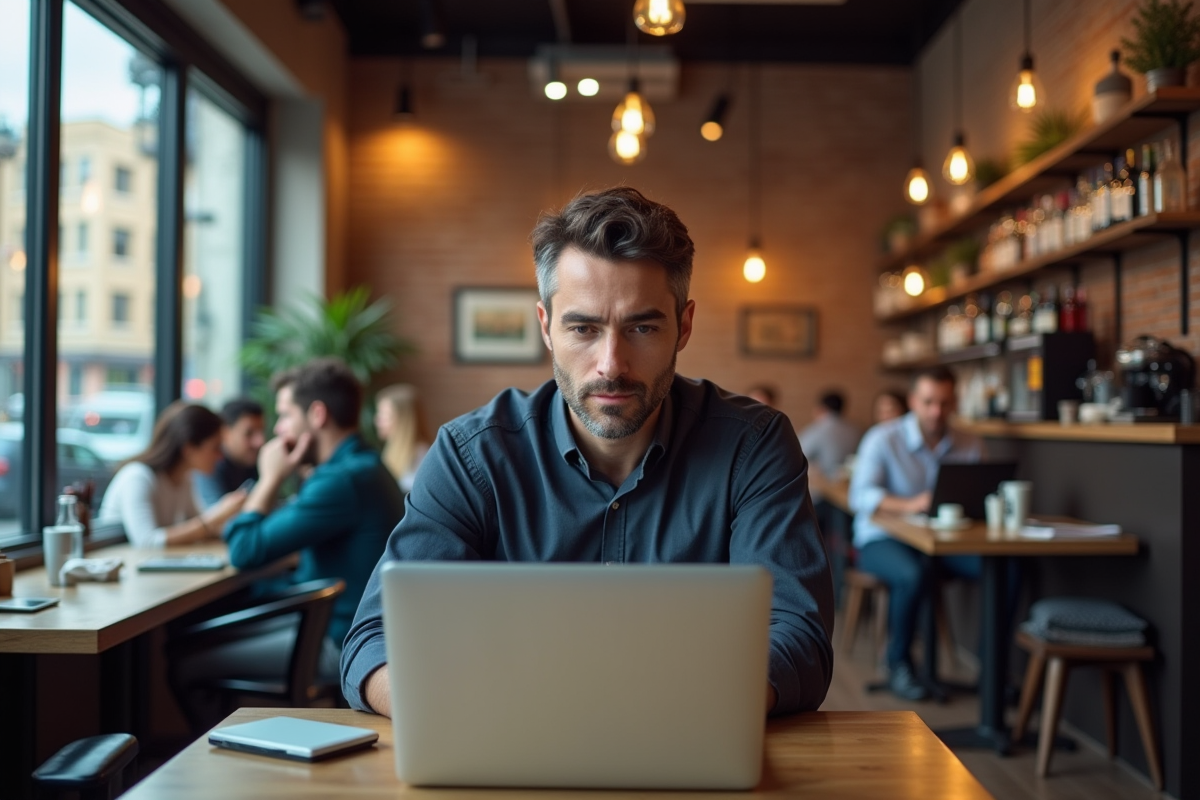 Homme professionnel travaillant dans un café urbain
