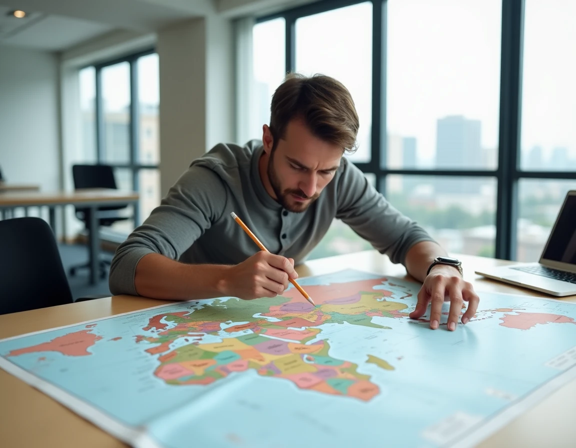 Homme pointant des pays sur une carte politique du monde étalée sur une table dans un bureau moderne