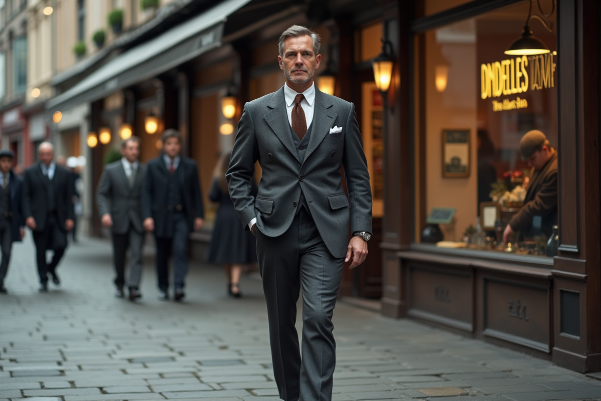 Homme en costume vintage ajustant sa cravate dans la rue