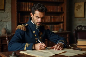 Homme en costume napoléonien écrivant une lettre à la plume sur un bureau ancien dans un bureau historique