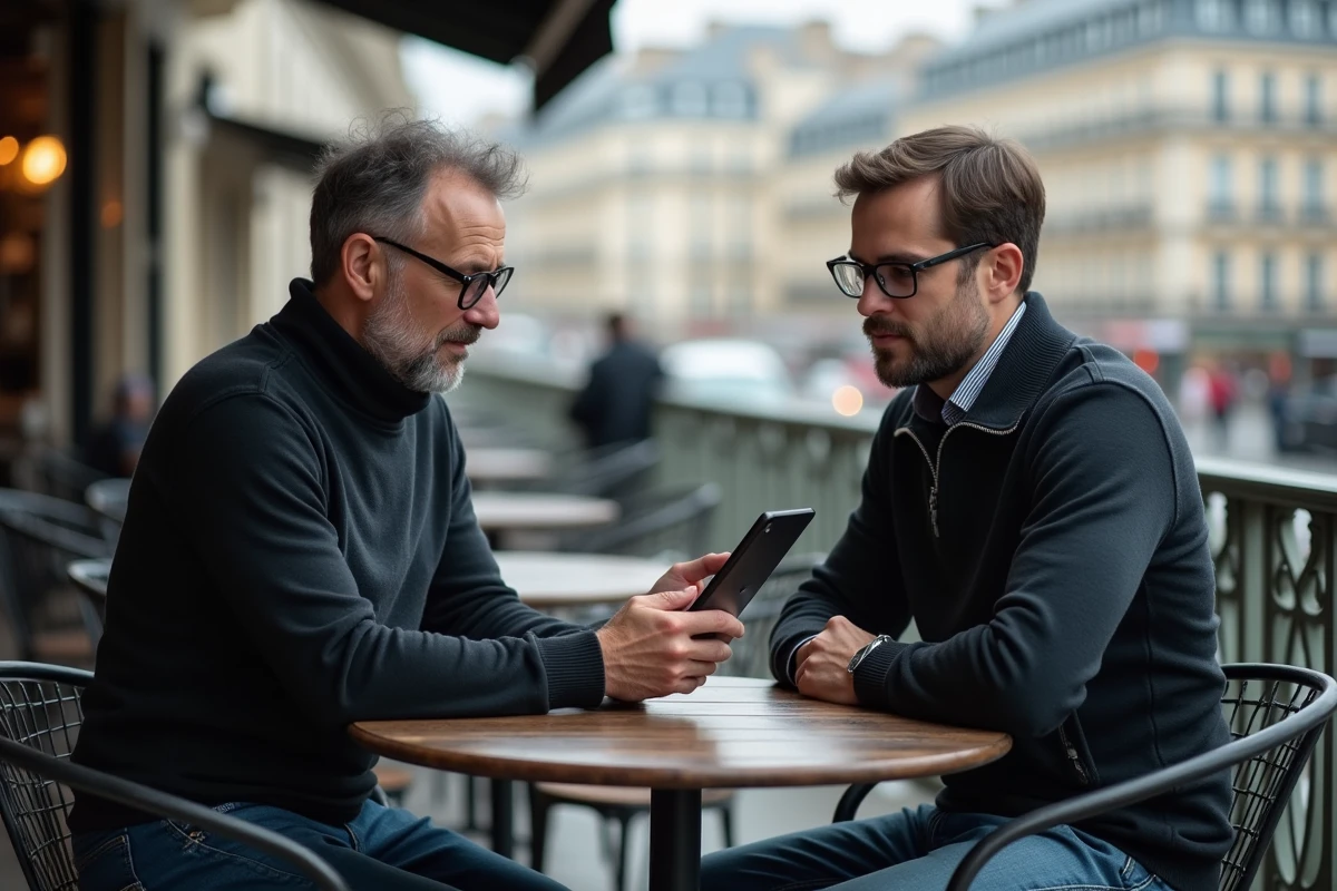 Homme discutant de politique climatique au café en extérieur