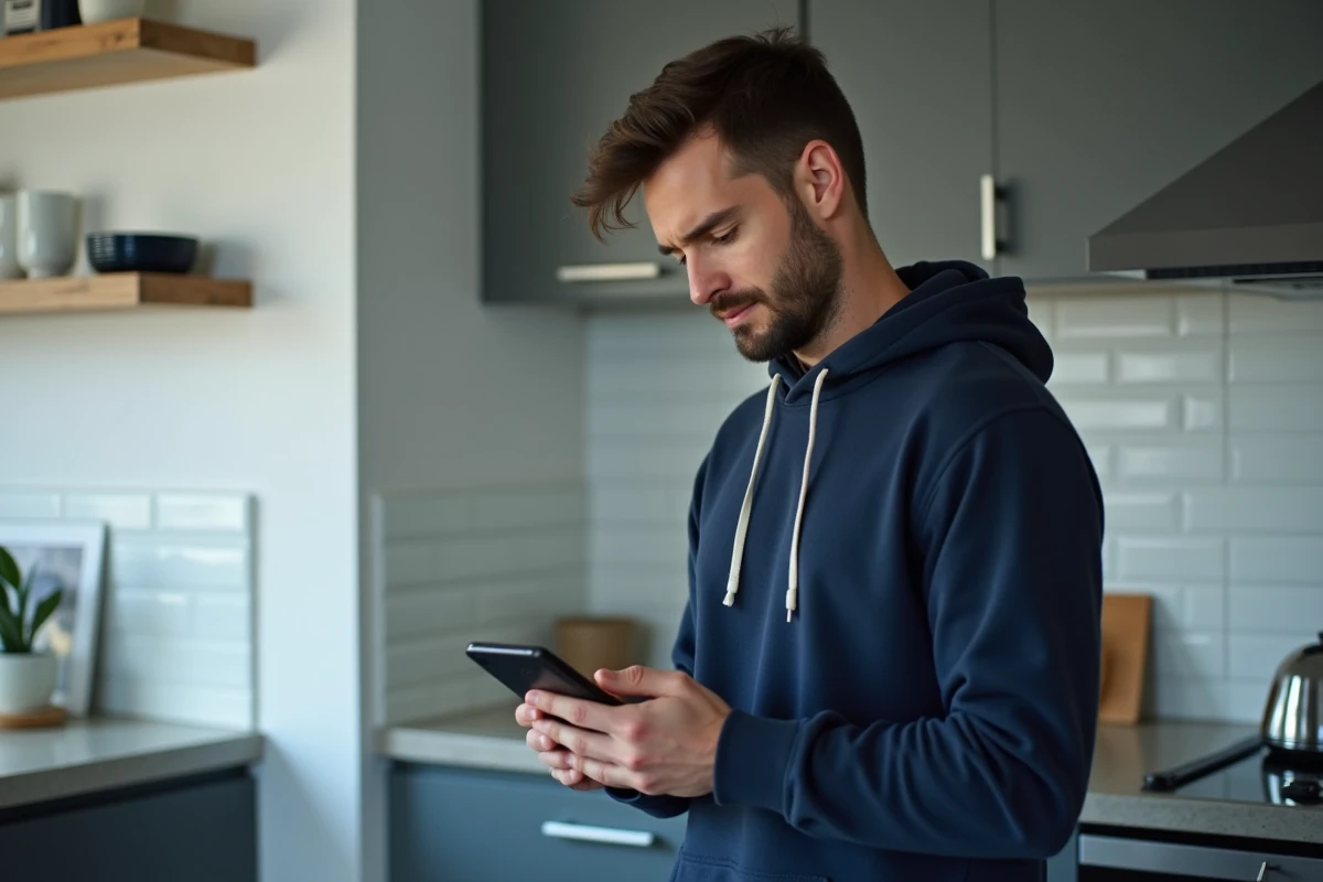 Homme consultant la FAQ du support Vinted sur son smartphone dans une cuisine moderne