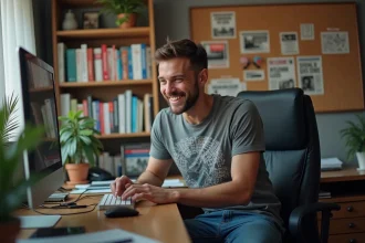 Homme en t-shirt graphique riant dans son bureau à domicile