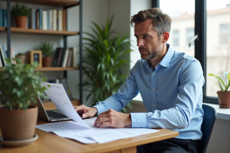 Homme d'âge moyen lisant des documents fiscaux dans un intérieur lumineux