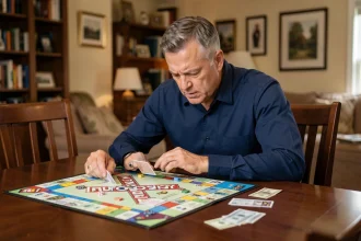Homme concentré analysant un plateau de jeu Monopoly avec des cartes et billets éparpillés sur la table