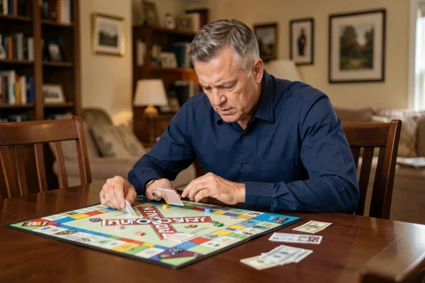 Homme concentré analysant un plateau de jeu Monopoly avec des cartes et billets éparpillés sur la table