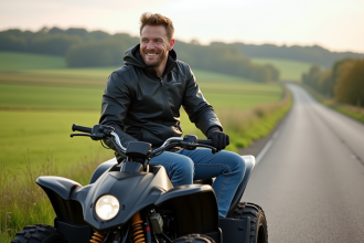 Homme en motoquad en campagne avec paysage verdoyant