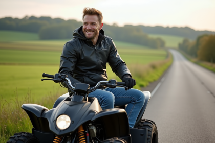 Homme en motoquad en campagne avec paysage verdoyant