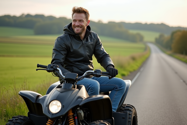 Homme en motoquad en campagne avec paysage verdoyant