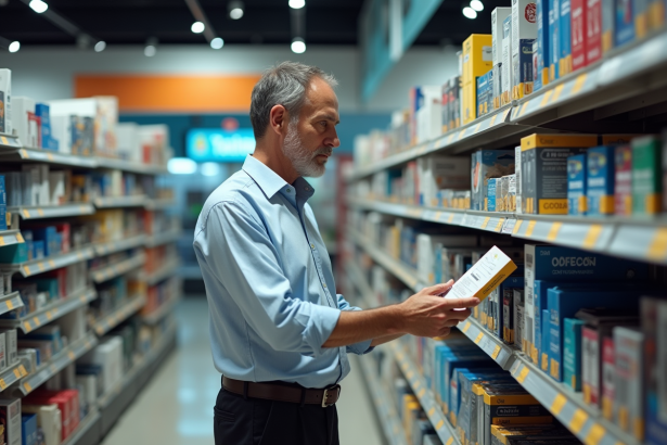 Homme d affaires examine des cartouches d imprimante en magasin