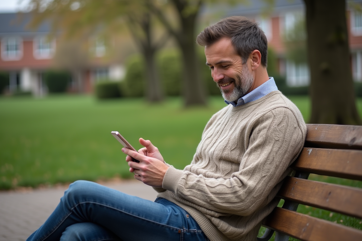 Homme en pull consulte taux de mortgage en extérieur