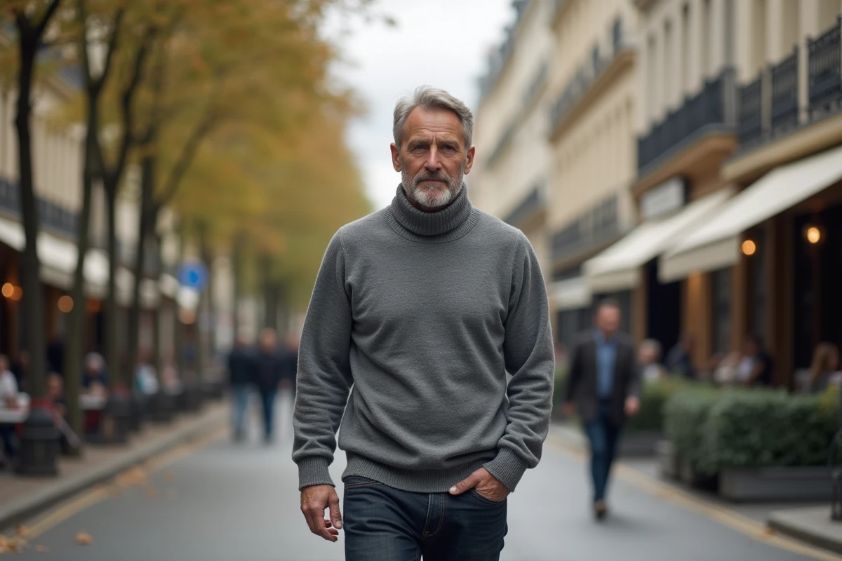 Homme mature marche dans une rue parisienne en automne