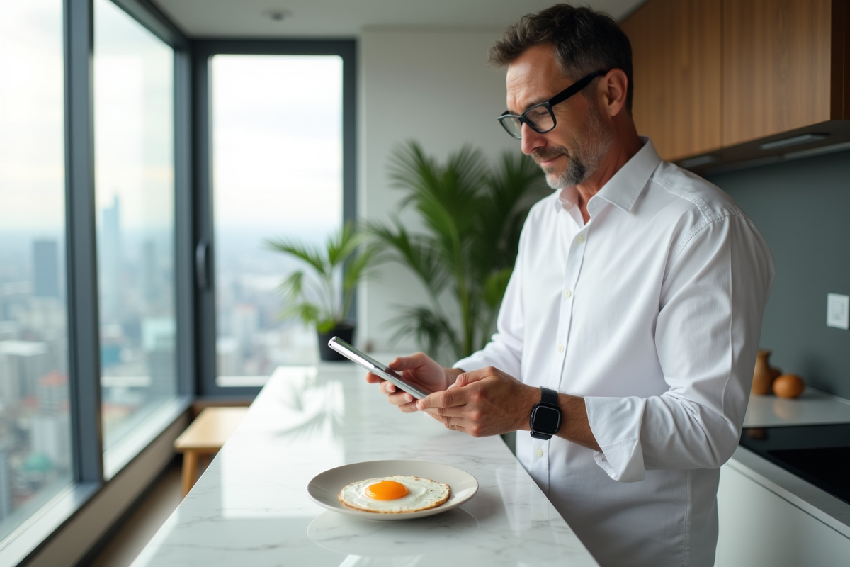 Homme lisant une tablette avec un œuf frit dans un appartement urbain