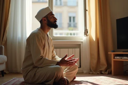 Homme en tenue traditionnelle faisant ses prières sur un tapis de prière dans un appartement à Vénissieux