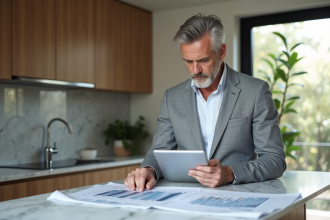 Homme d'affaires examine plans de rénovation dans une cuisine moderne