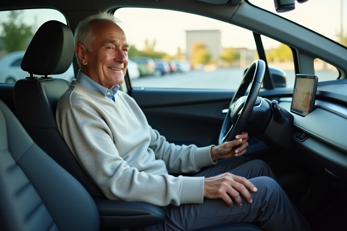 Homme âgé souriant dans le siège conducteur d