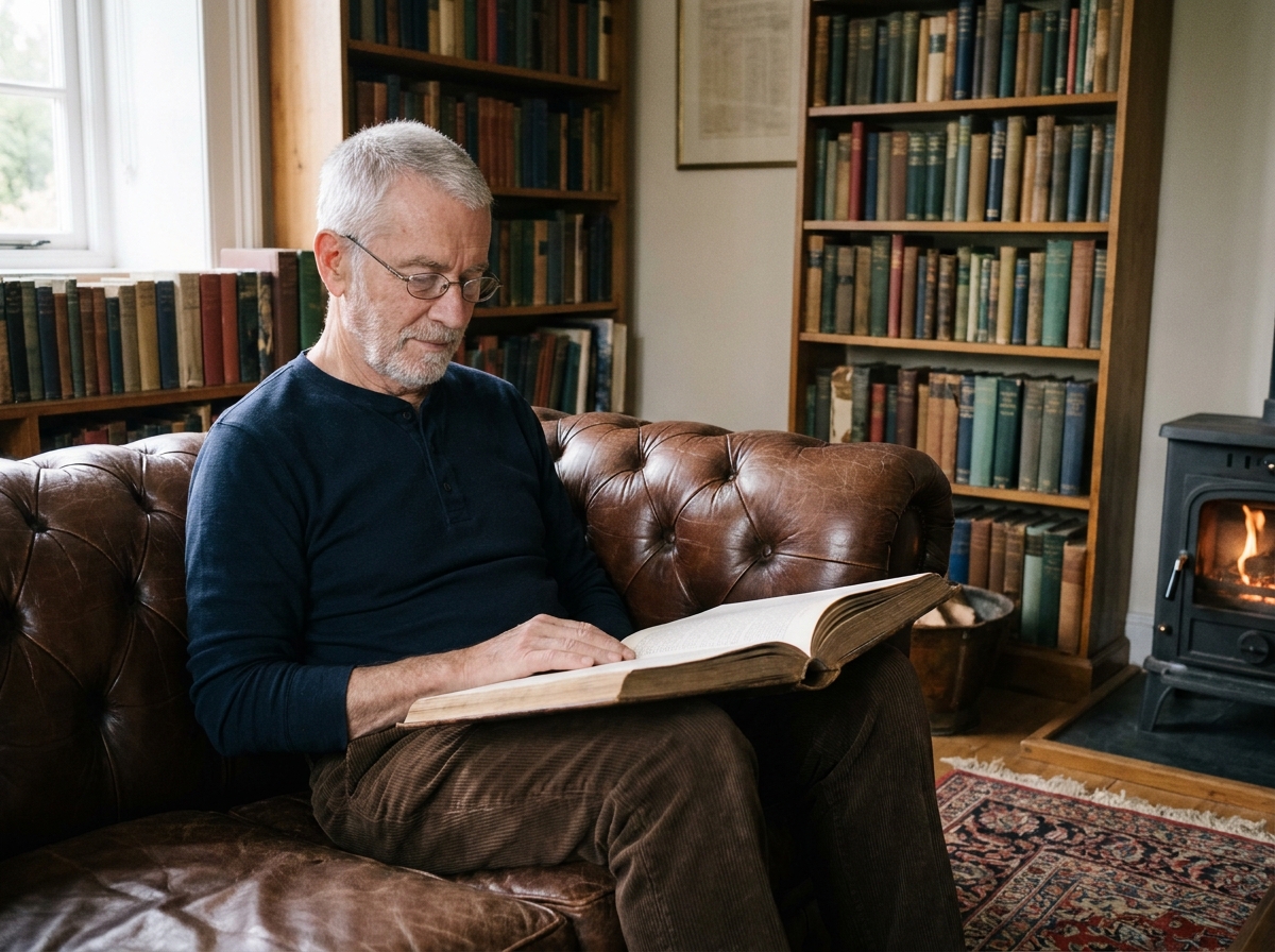 Homme âgé portant des lunettes de lecture à montures métalliques en train de lire dans un bureau bibliothèque avec une cheminée en fonte