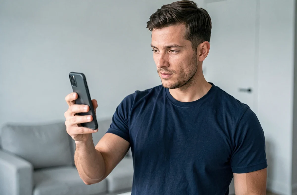 Homme tenant un smartphone pour gérer et publier du contenu sur une plateforme d'abonnement depuis son appartement moderne
