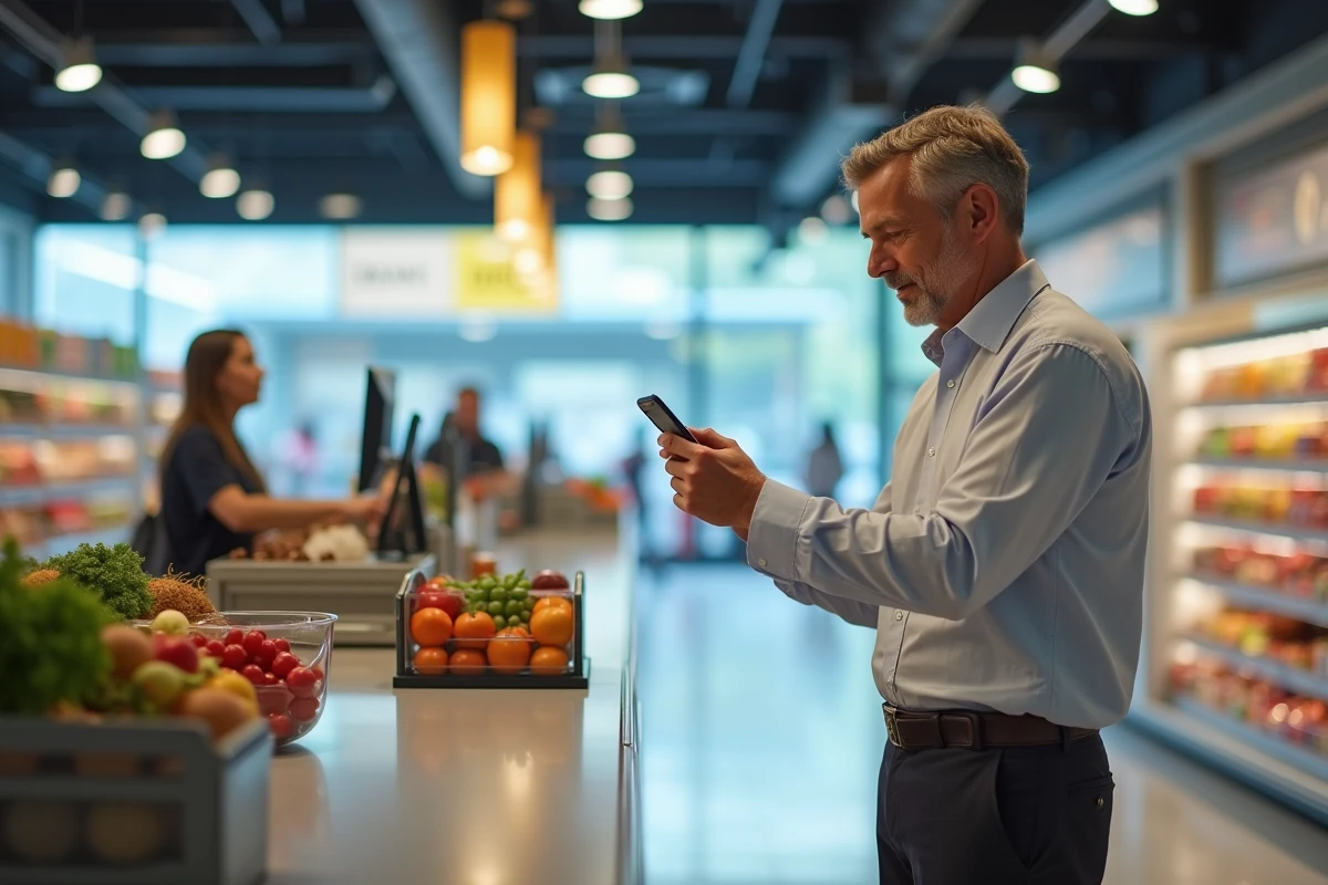 Homme au supermarché vérifiant son portefeuille numérique