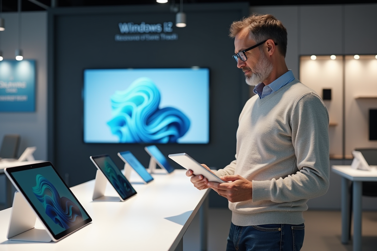 Homme avec tablette Windows dans un magasin d’électronique moderne