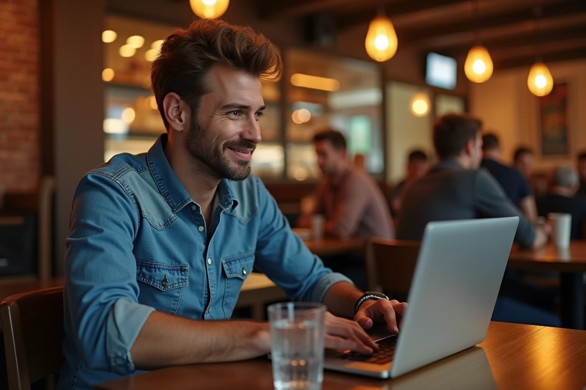 Homme connecté sur une application de rencontre en soirée dans un café urbain avec son ordinateur portable