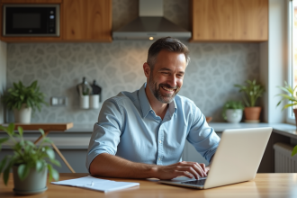Homme d'âge moyen travaillant sur son ordinateur dans une cuisine lumineuse