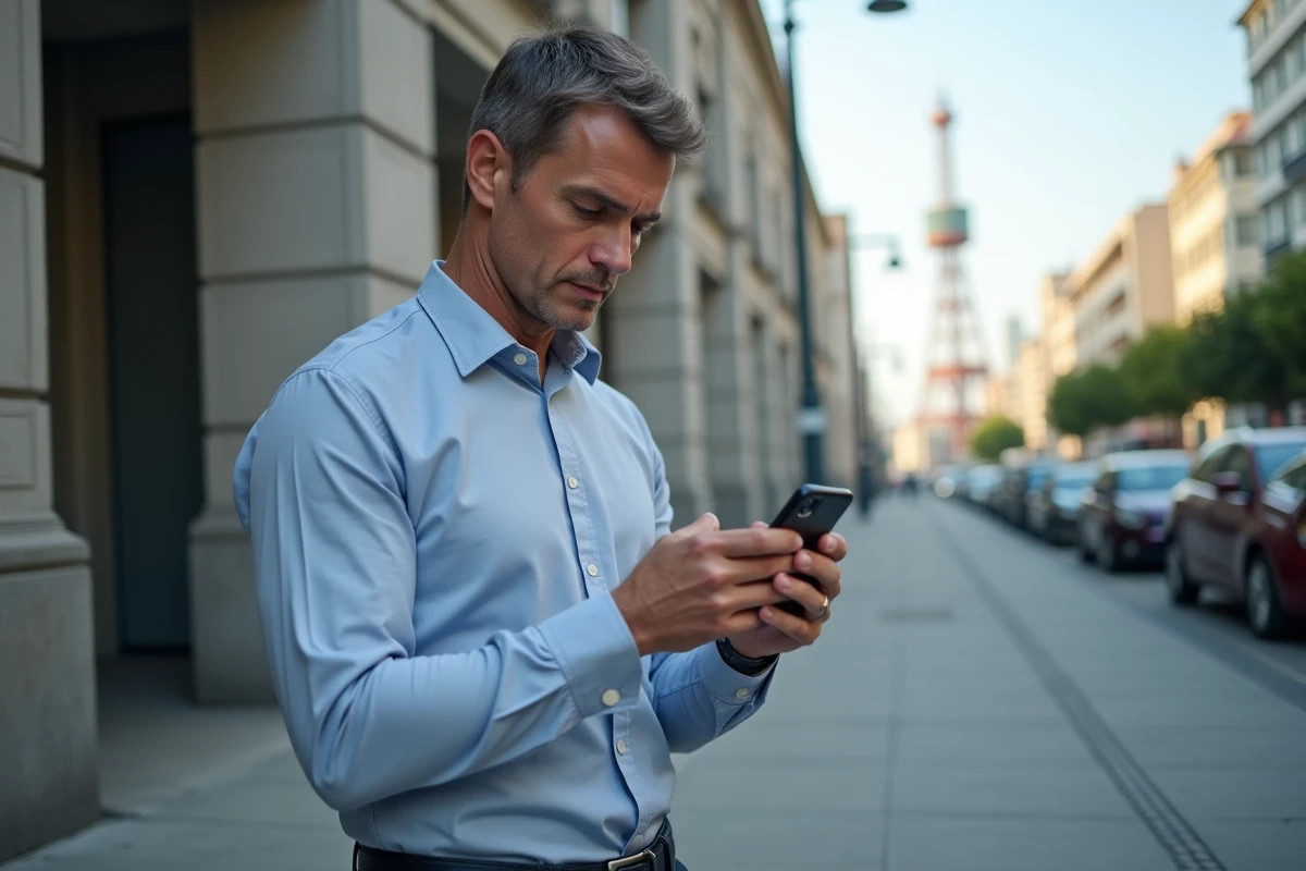 Homme d age moyen regarde son smartphone en ville