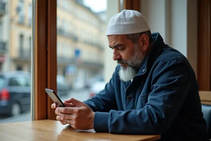 Homme consultant les horaires de prière sur son smartphone à Le Blanc-Mesnil