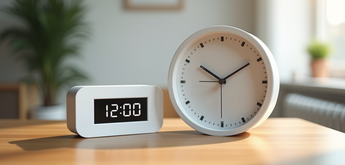 Horloge analogique et digitale indiquant deux heures