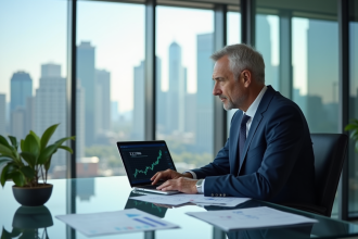 Homme d'affaires en costume regardant un graphique financier