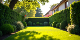 Jardin de banlieue bien entretenu avec haie et arbre