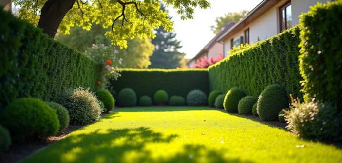Jardin de banlieue bien entretenu avec haie et arbre