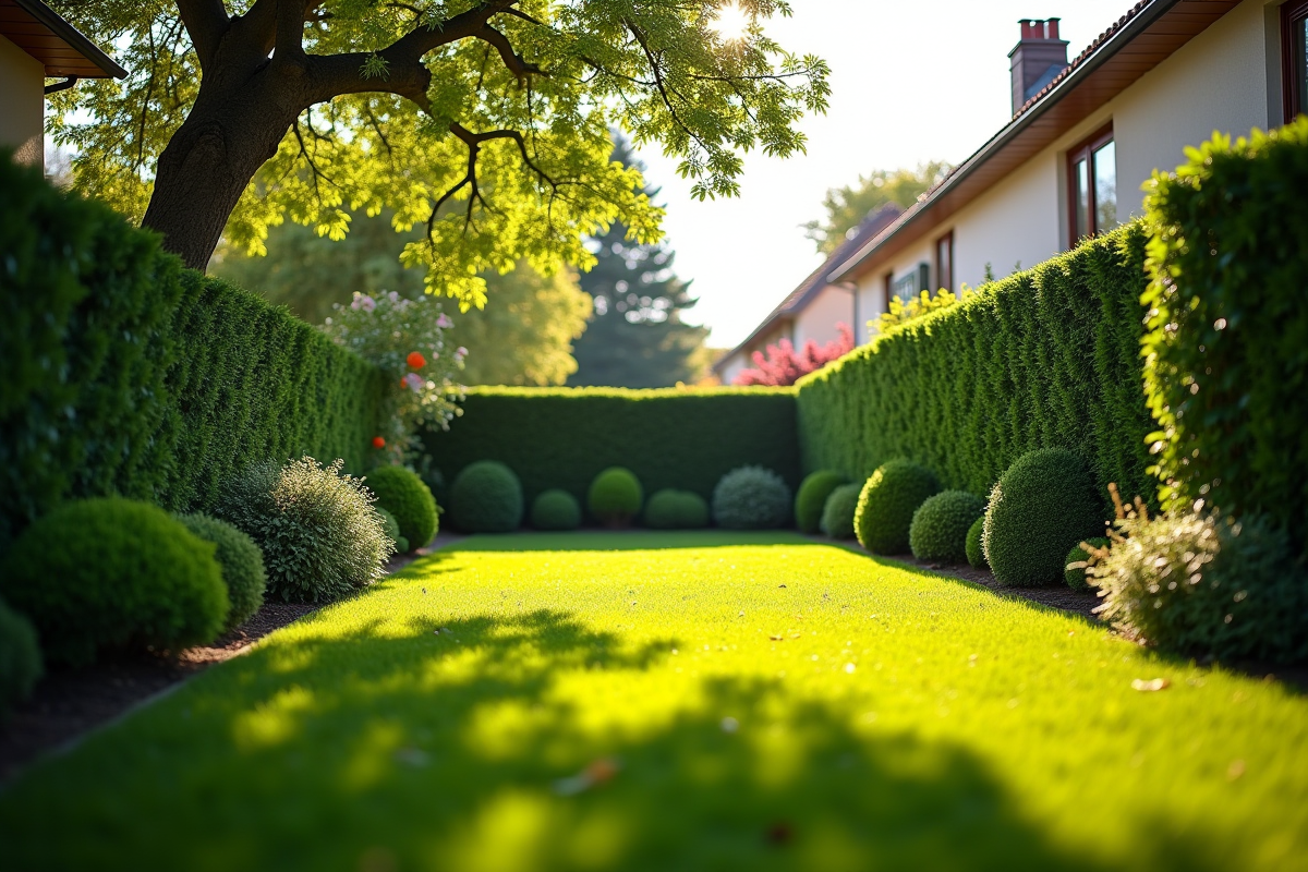 Jardin de banlieue bien entretenu avec haie et arbre