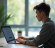 Jeune adulte utilisant un ordinateur pour se connecter à un portail universitaire