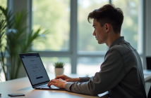 Jeune adulte utilisant un ordinateur pour se connecter à un portail universitaire