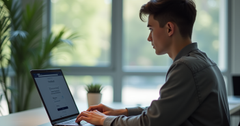 Jeune adulte utilisant un ordinateur pour se connecter à un portail universitaire