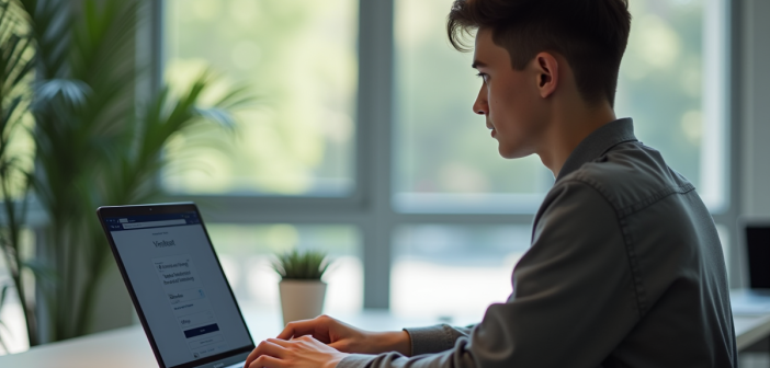Jeune adulte utilisant un ordinateur pour se connecter à un portail universitaire