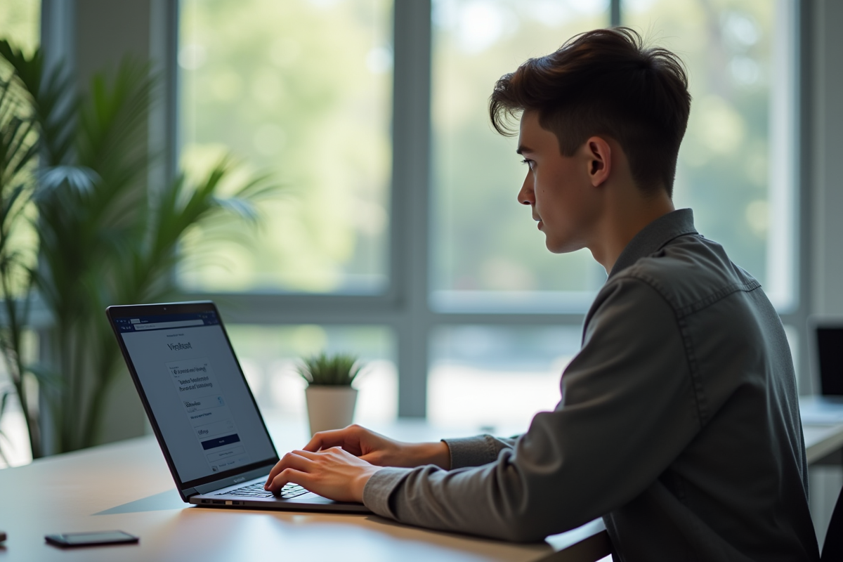 Jeune adulte utilisant un ordinateur pour se connecter à un portail universitaire