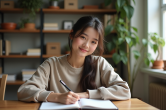 Jeune adulte écrivant dans un carnet dans un bureau cosy