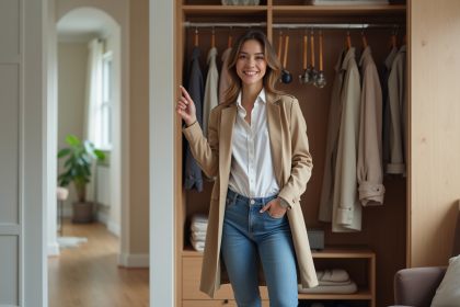 Jeune femme élégante devant une armoire moderne