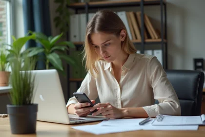Jeune femme au bureau consulte son smartphone avec curiosite
