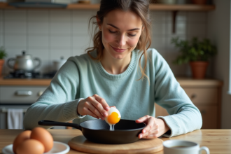 Jeune femme cuisine un œuf dans une cuisine moderne chaleureuse